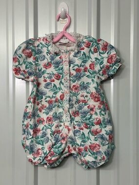 Vintage Infant Floral Blue Pink Cottagecore Baby Bodysuit Lace Trim Button Front
